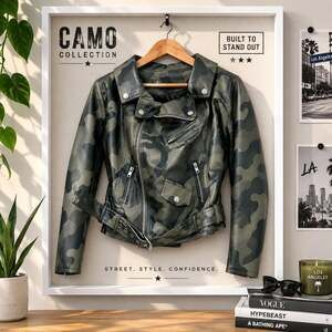 DENIM 4 US Green Camo Faux Leather Biker Jacket